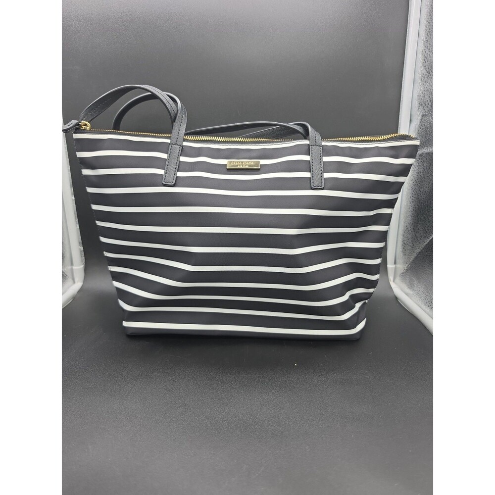 Kate Spade May Street Lida French Stripe Nylon Tote Bag Black White Shoulder...